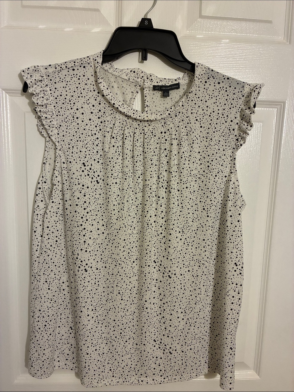Adrianna Papell Cream Blouse with Black Speckle Print and Ruffle Sleeves